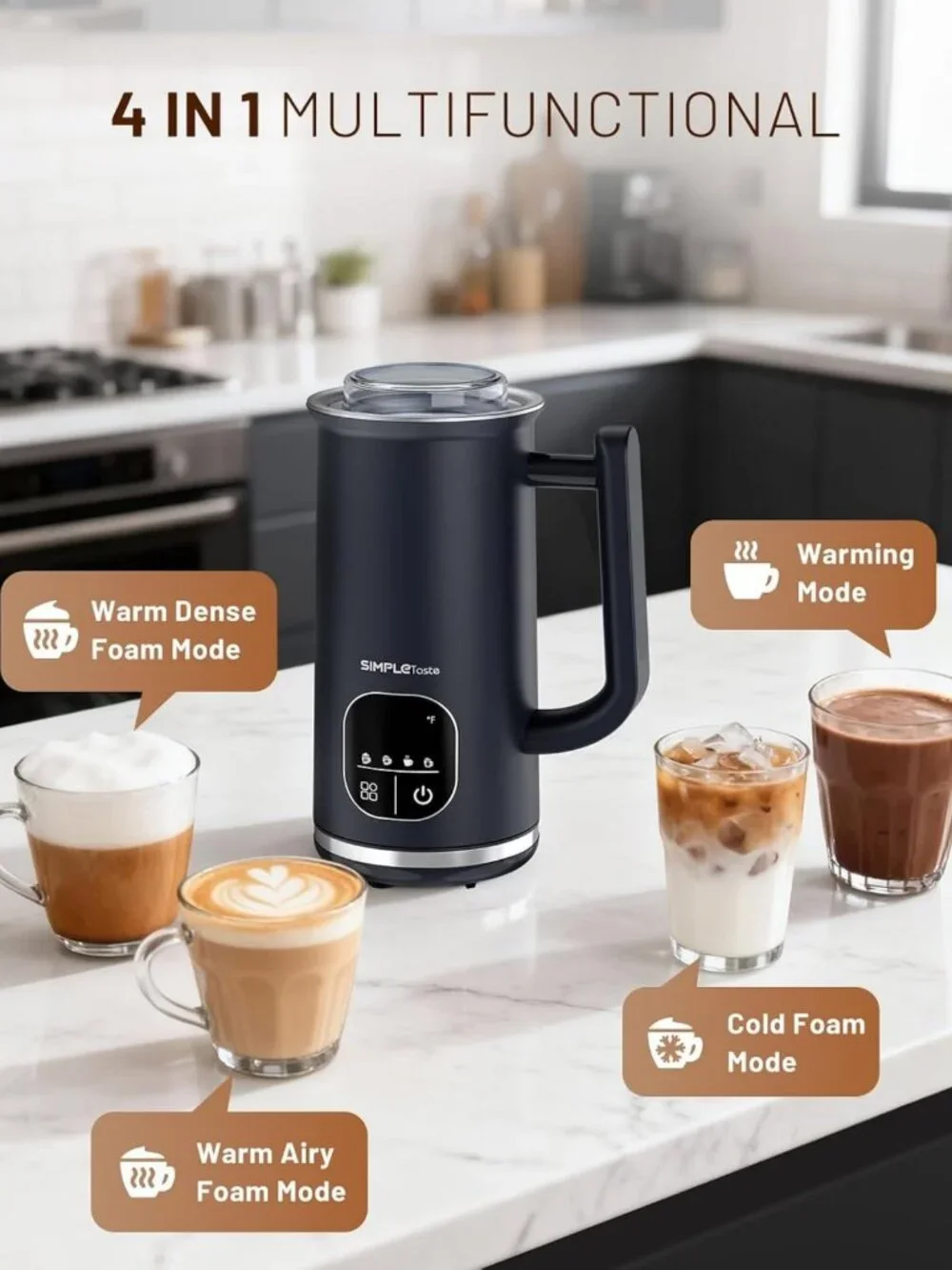4-in-1 Electric Milk Frother & Steamer - LED Touch Screen, Warm & Cold Foam
